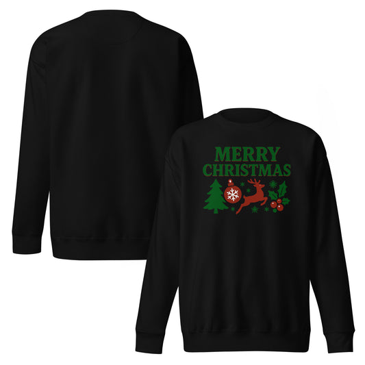 Black Christmas-themed sweatshirt with reindeer, trees, and 'Merry Christmas' text on a white background.