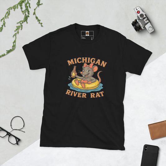 Black t-shirt with 'Michigan River Rat' graphic on a light gray background