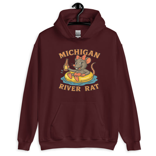 Maroon hoodie with 'Michigan River Rat' graphic on a white background