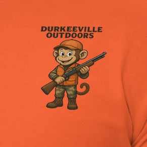 Orange sweatshirt with a monkey holding a rifle and 'Durkeeville Outdoors' text on an orange background
