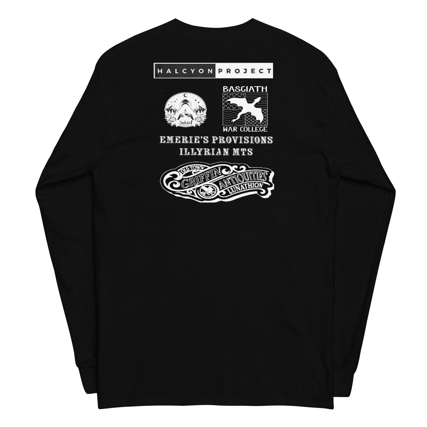 Black long-sleeve shirt with white text and graphics on a white background