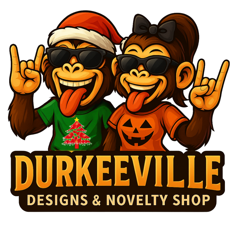 Two monkeys making peace signs with the text 'Durkeeville Designs & Novelty Shop' below them.