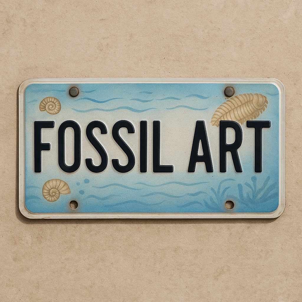 License plate with 'FOSSIL ART' text on a beige background