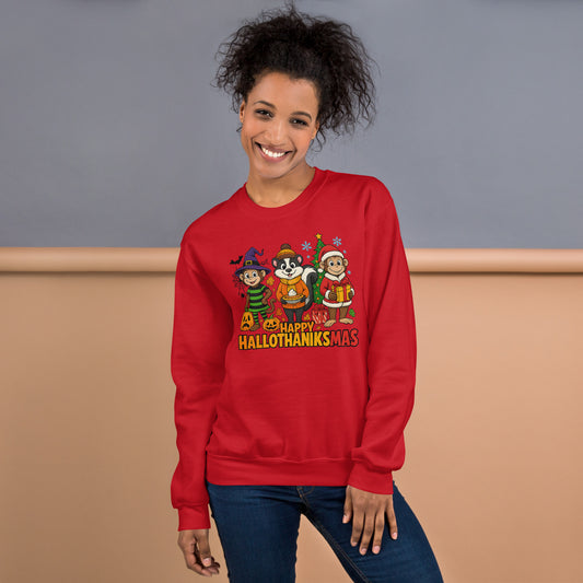 Person wearing a red 'Happy Hallothanksmas' sweater with cartoon characters.