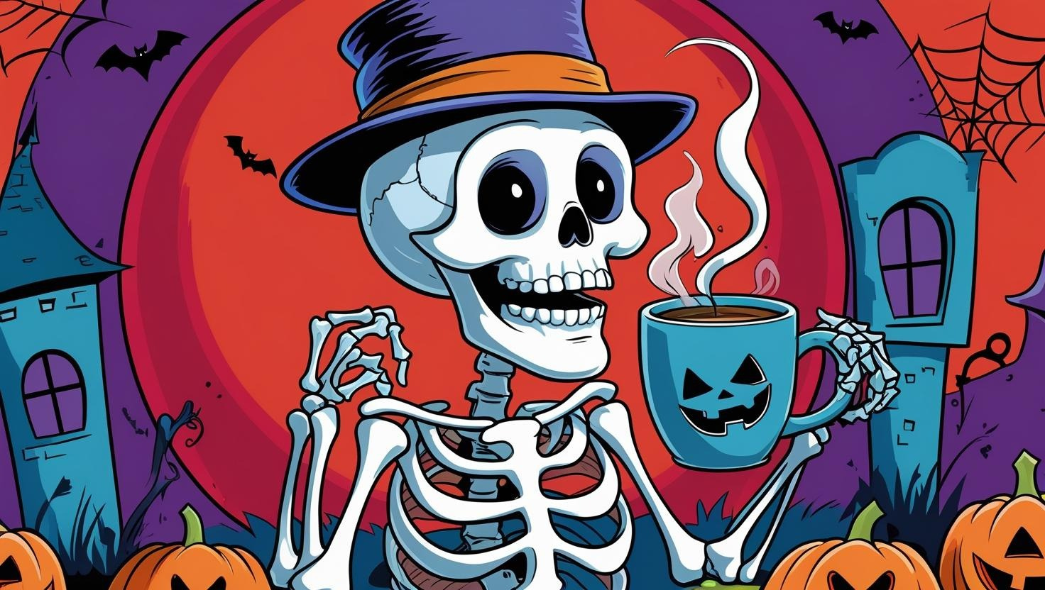 Skeleton drinking coffee graphic on black tee — Durkeeville Designs & Novelty Shop.