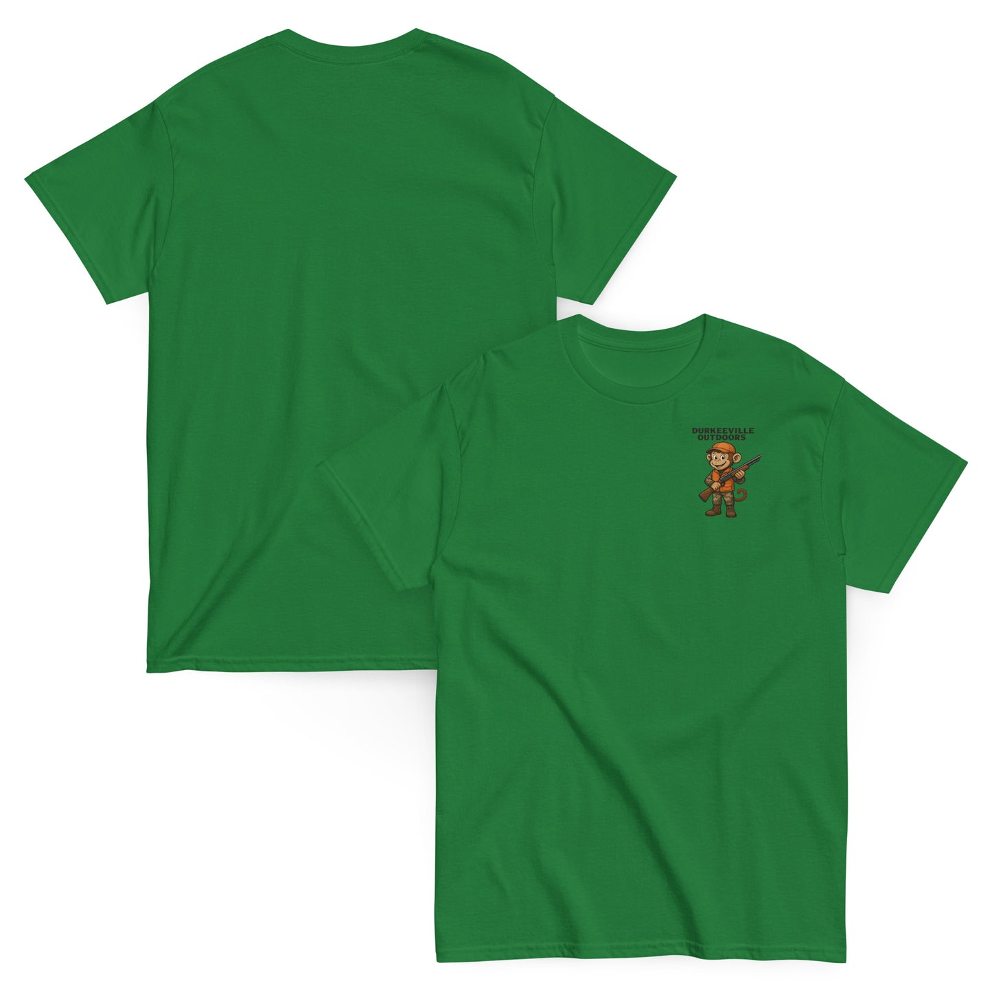 Green t-shirt with a small graphic on the chest, shown from front and back views.
