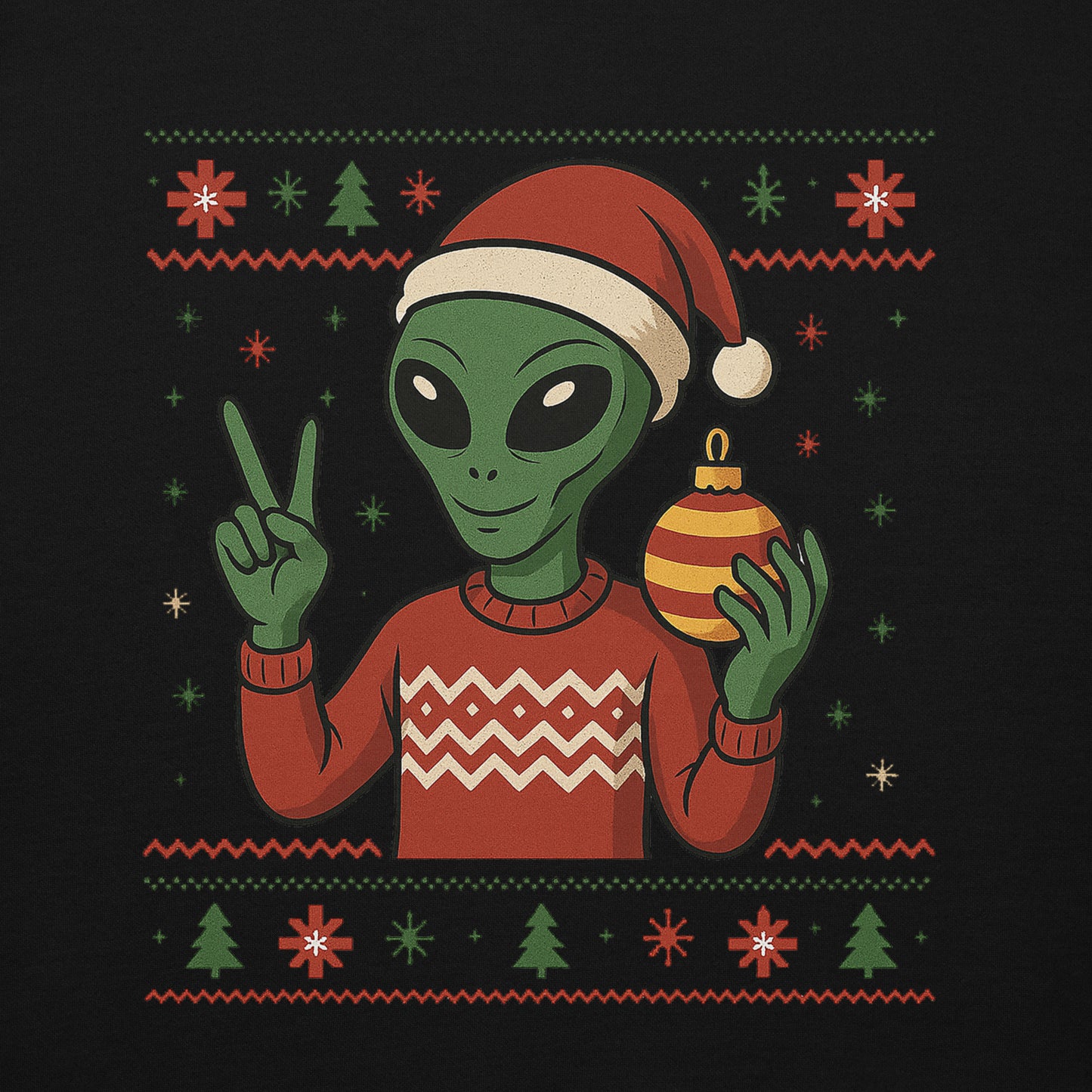 Alien wearing a Santa hat and holding a Christmas ornament on a festive patterned background