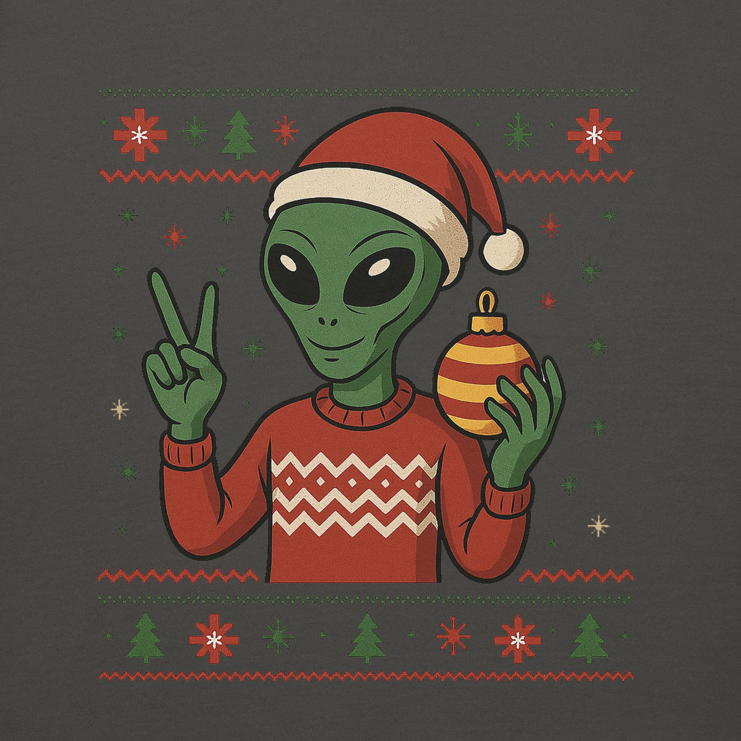 Alien wearing a Santa hat and holding a Christmas ornament on a dark background with festive patterns.