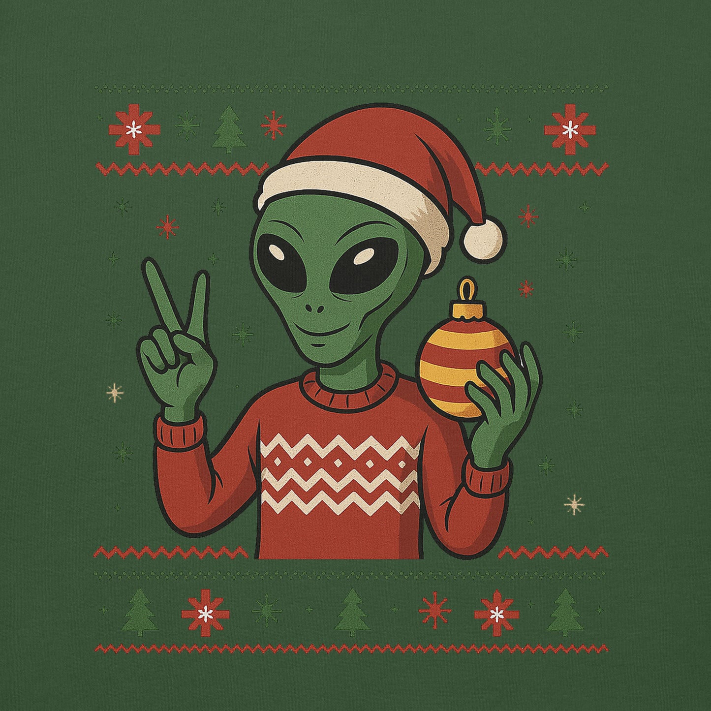 Alien wearing a Santa hat and holding a Christmas ornament on a green background with festive patterns.