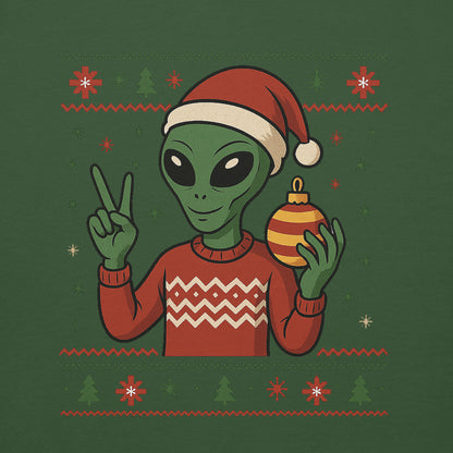 Alien wearing a Santa hat and holding a Christmas ornament on a green background with festive patterns.