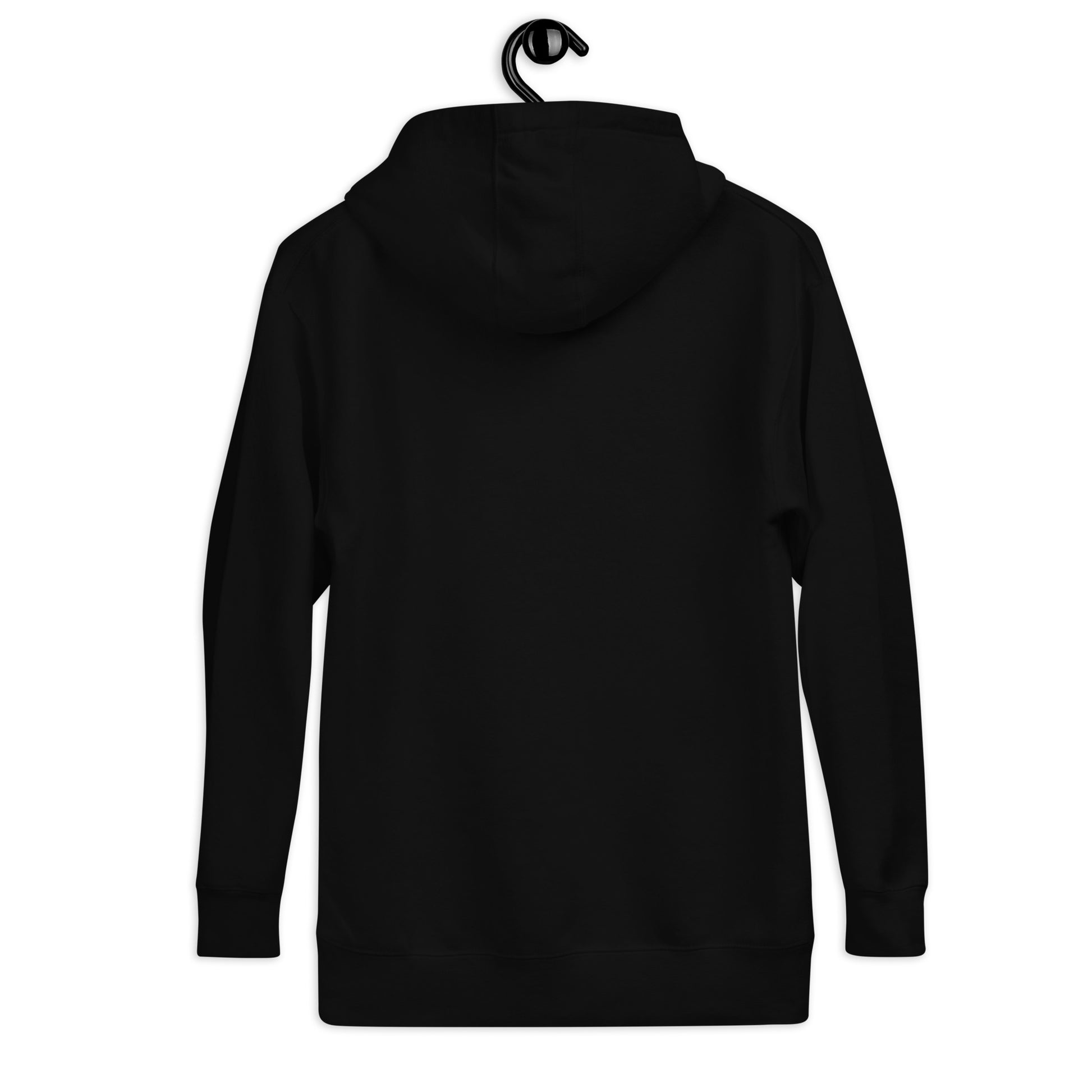 Black hoodie on a hanger against a white background