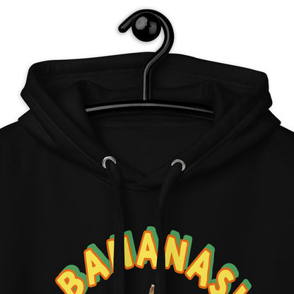 Black hoodie with 'BAIANAS' text on a hanger against a white background