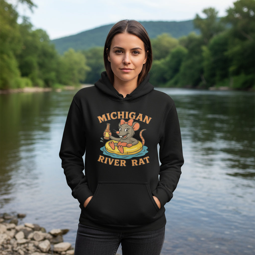 Black hoodie with 'Michigan River Rat' graphic on a white background
