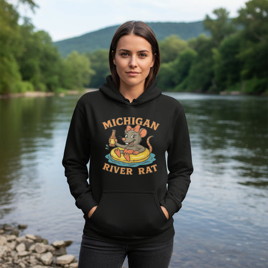 Black hoodie with 'Michigan River Rat' graphic on a white background