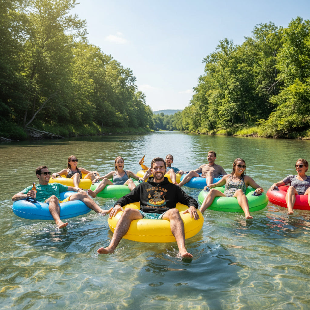 make him standing by a river in the fall
