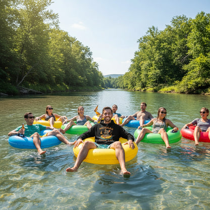 make him standing by a river in the fall
