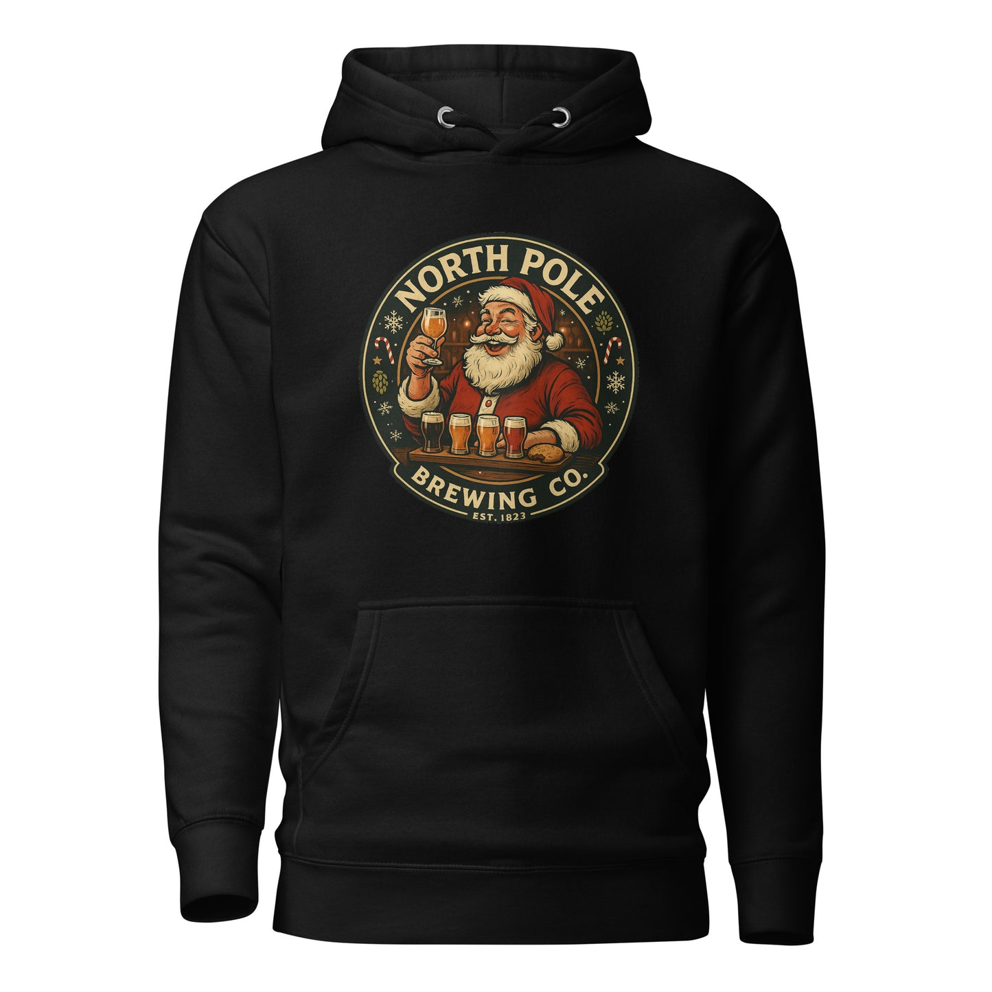 Black hoodie with Santa Claus graphic and 'North Pole Brewing Co.' text on a white background