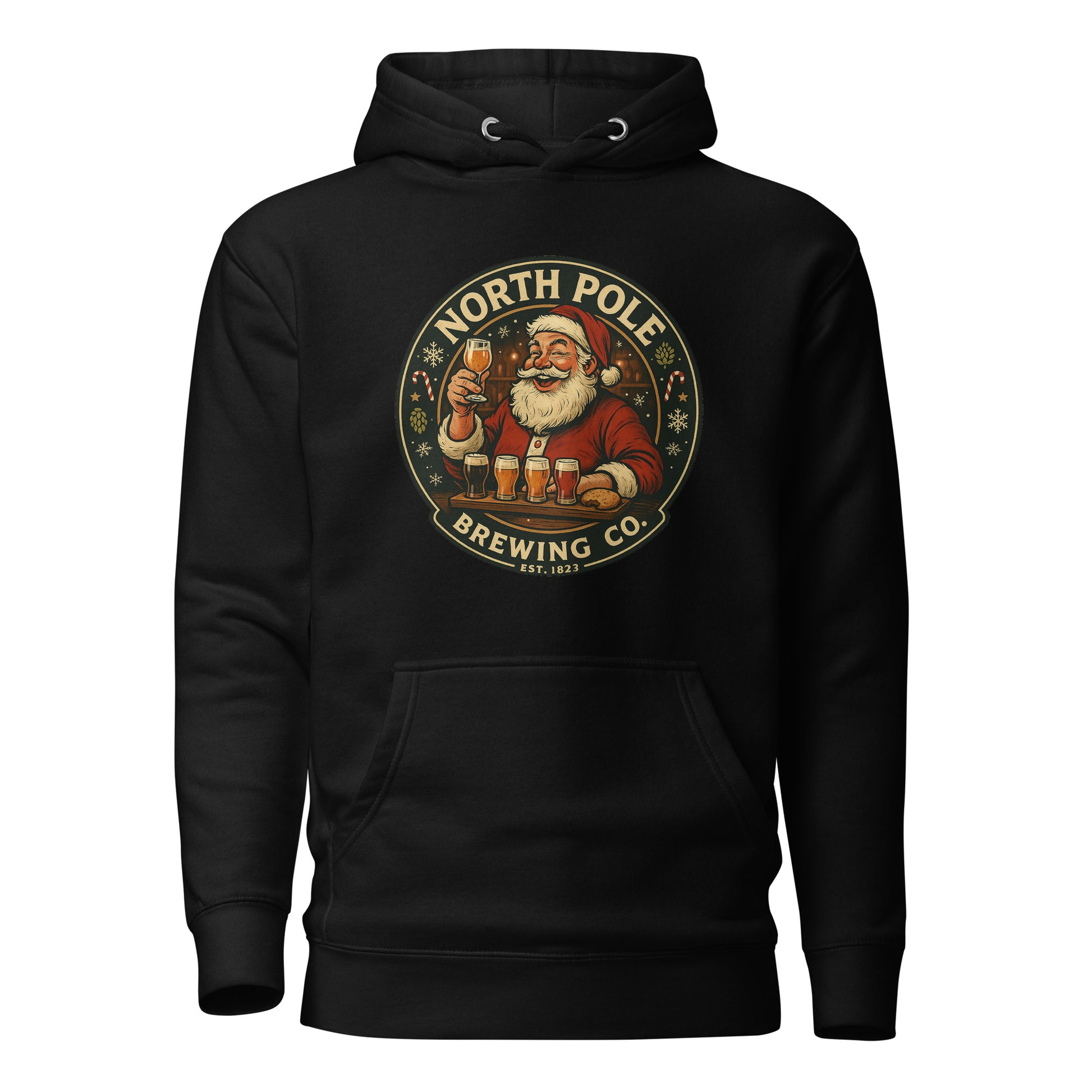 Black hoodie with Santa Claus graphic and 'North Pole Brewing Co.' text on a white background