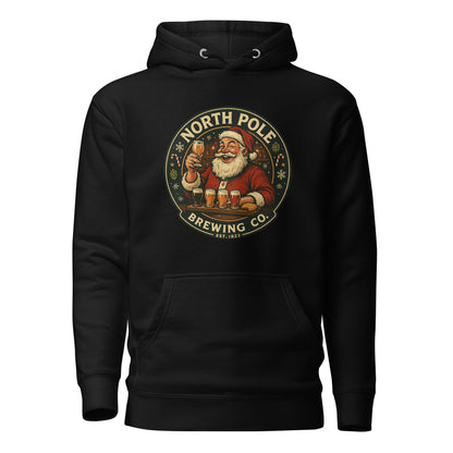 Black hoodie with Santa Claus graphic and 'North Pole Brewing Co.' text on a white background