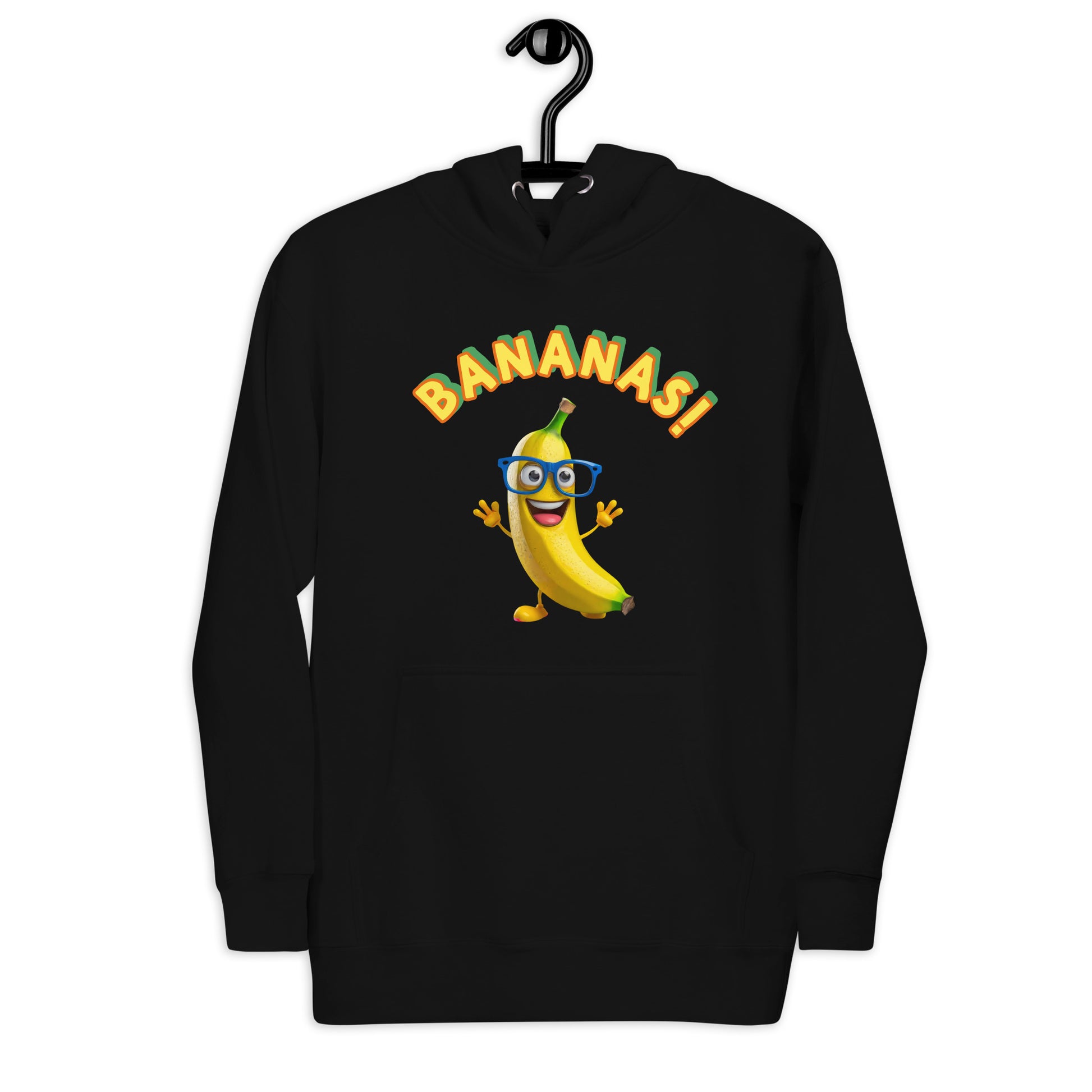Black hoodie with a cartoon banana character and 'BANANAS!' text on a hanger against a white background