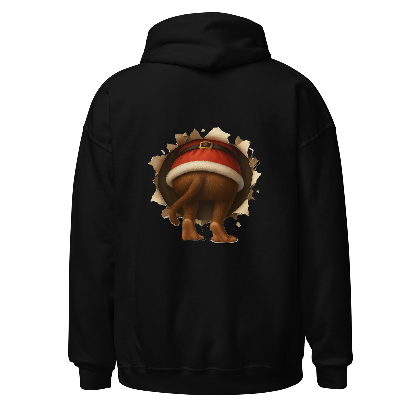Black hoodie with a cartoon character in a Santa hat on the back, on a white background