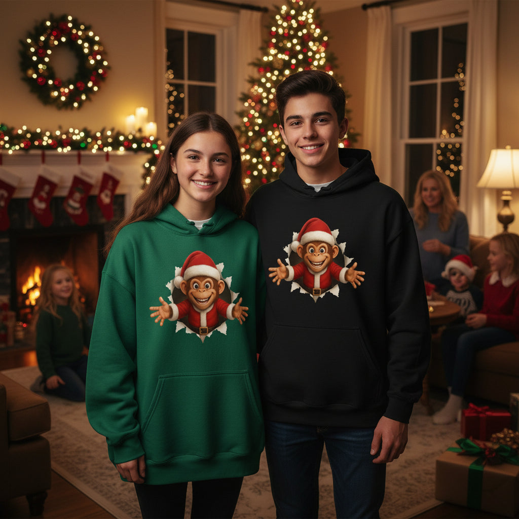 Black hoodie with a cartoon monkey wearing a Santa hat on a white background