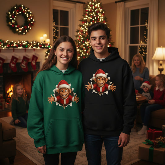 Black hoodie with a cartoon monkey wearing a Santa hat on a white background