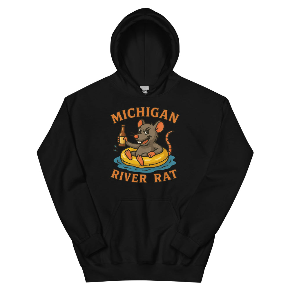 Black hoodie with a graphic of a rat in a raft and 'Michigan River Rat' text on a white background