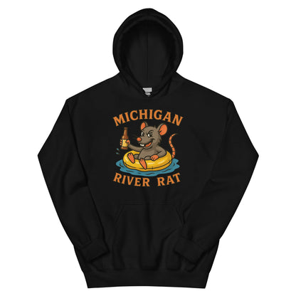 Black hoodie with a graphic of a rat in a raft and 'Michigan River Rat' text on a white background