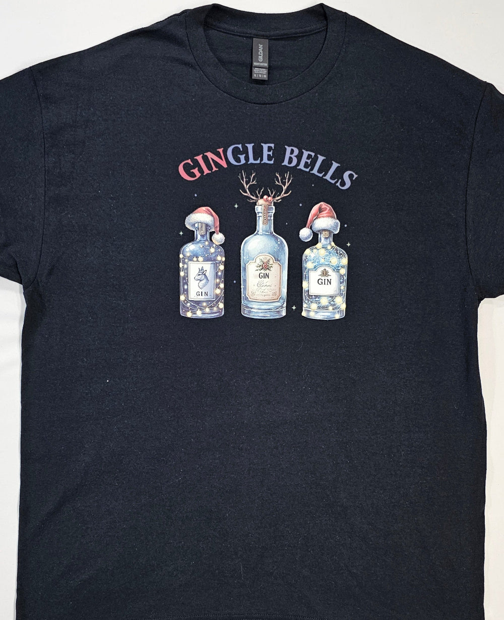 Black t-shirt with 'Gingle Bells' design featuring bottles and Santa hats on a white background