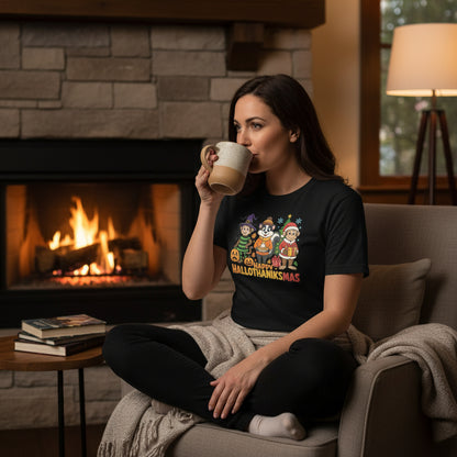 Black t-shirt with 'Happy Hallothanksmas' graphic featuring cartoon characters on a white background