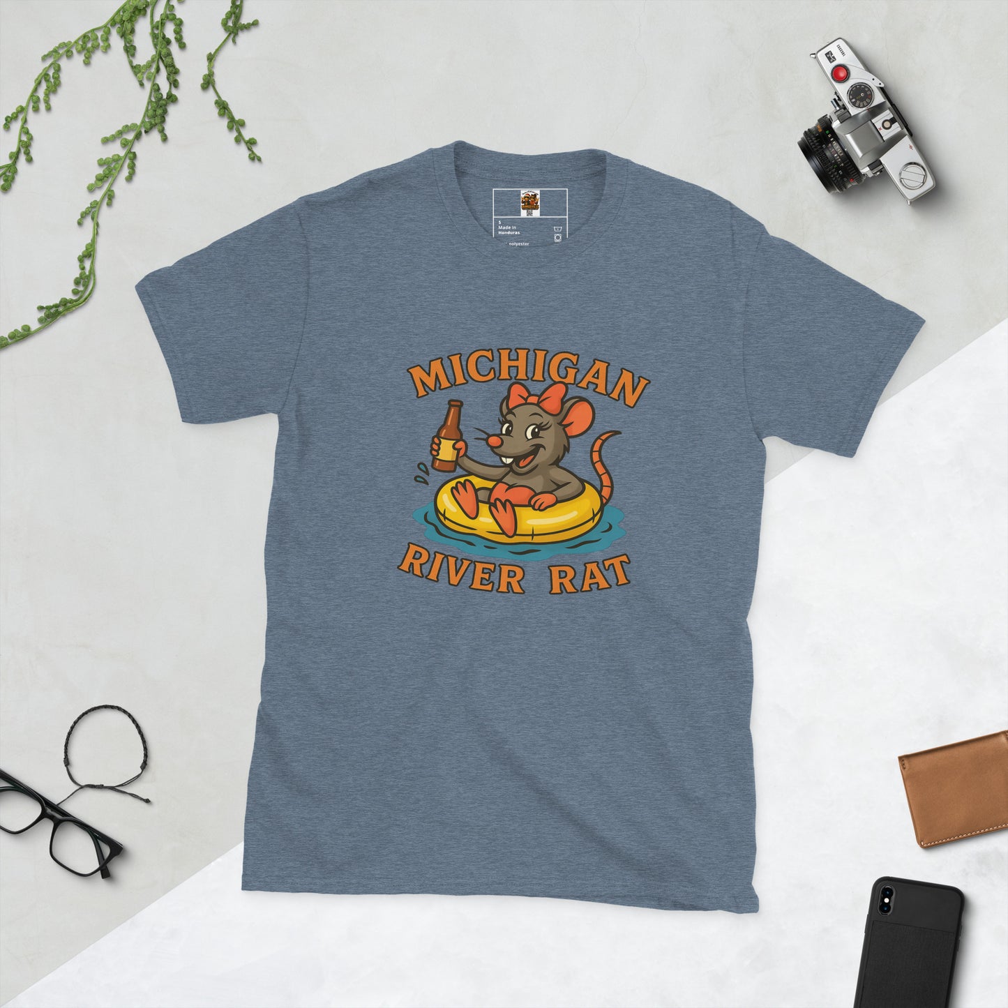 Blue t-shirt with 'Michigan River Rat' graphic on a light gray background