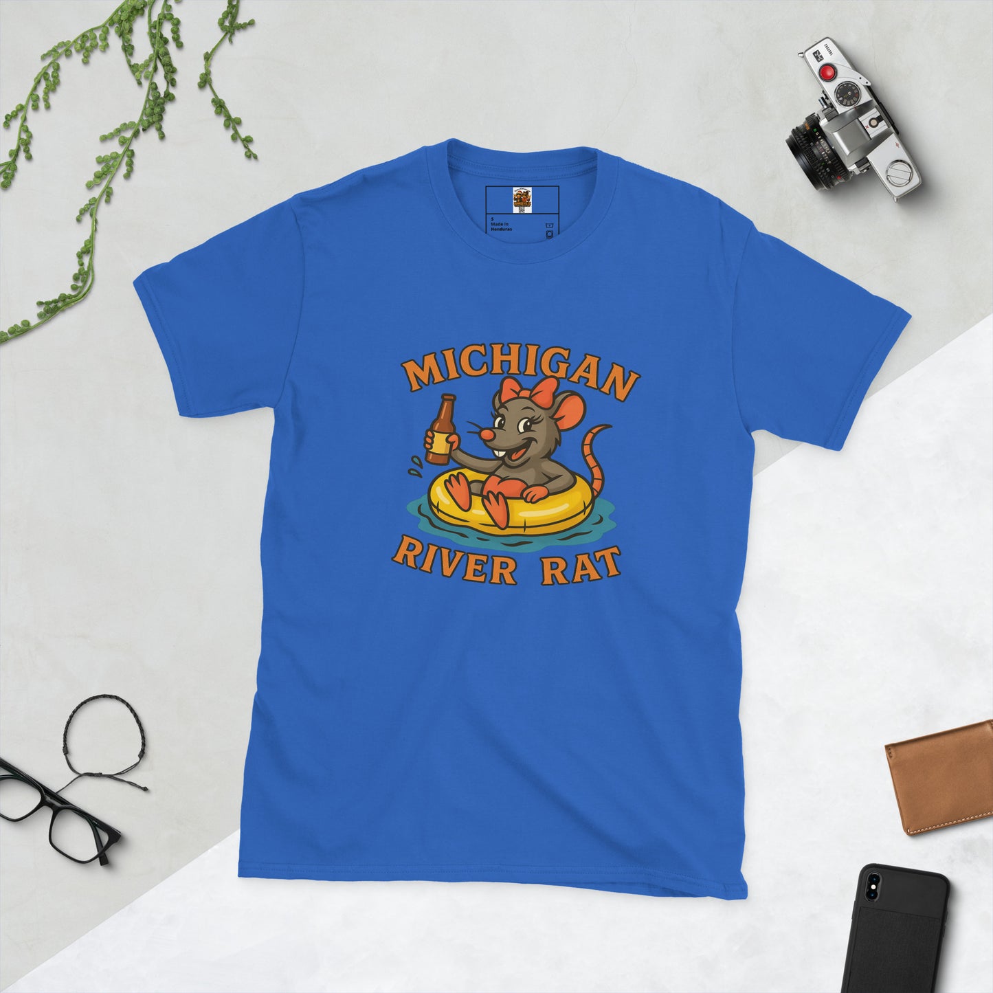 Blue t-shirt with 'Michigan River Rat' graphic on a light gray background