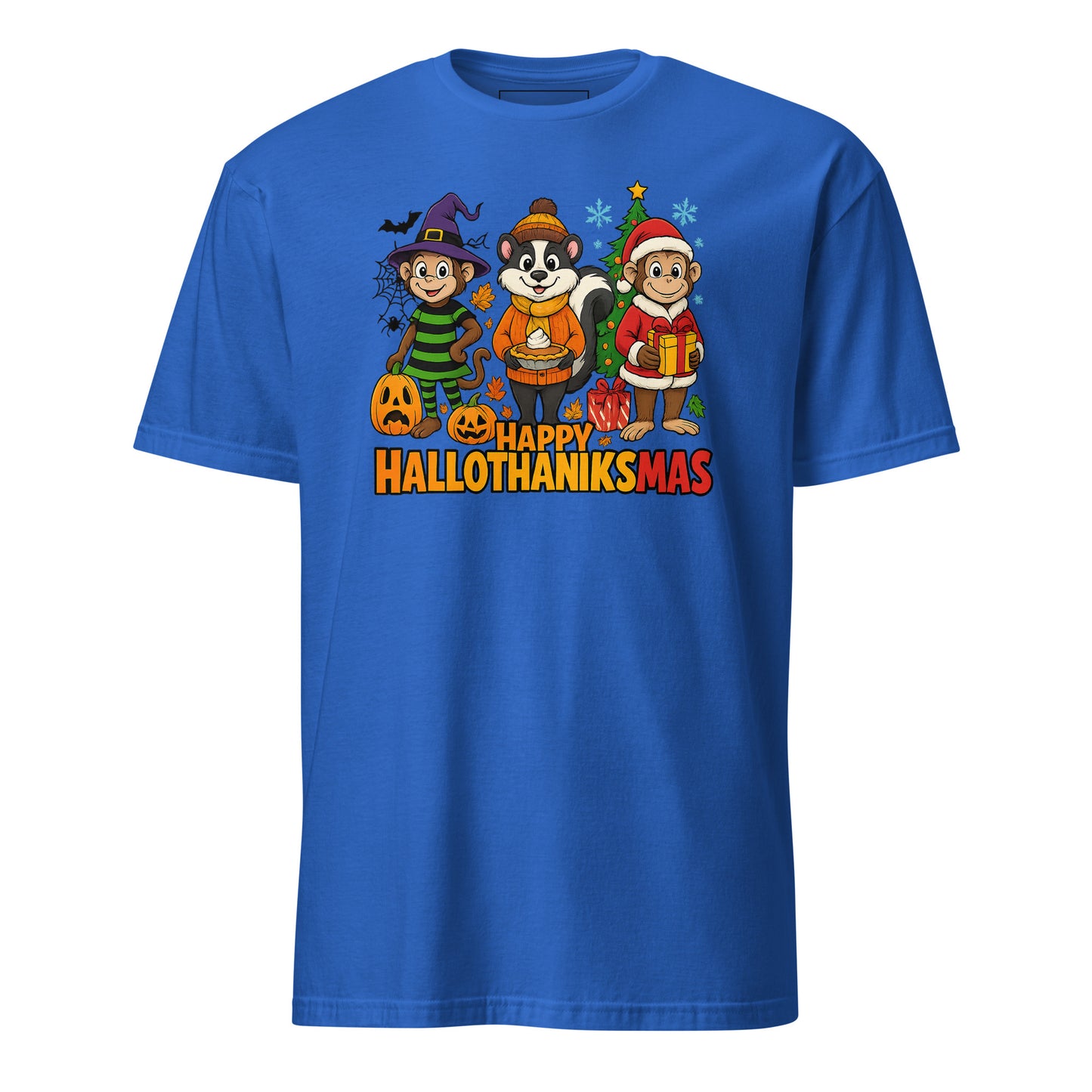 Blue t-shirt with cartoon characters and 'Happy Hallothanksmas' text on a white background