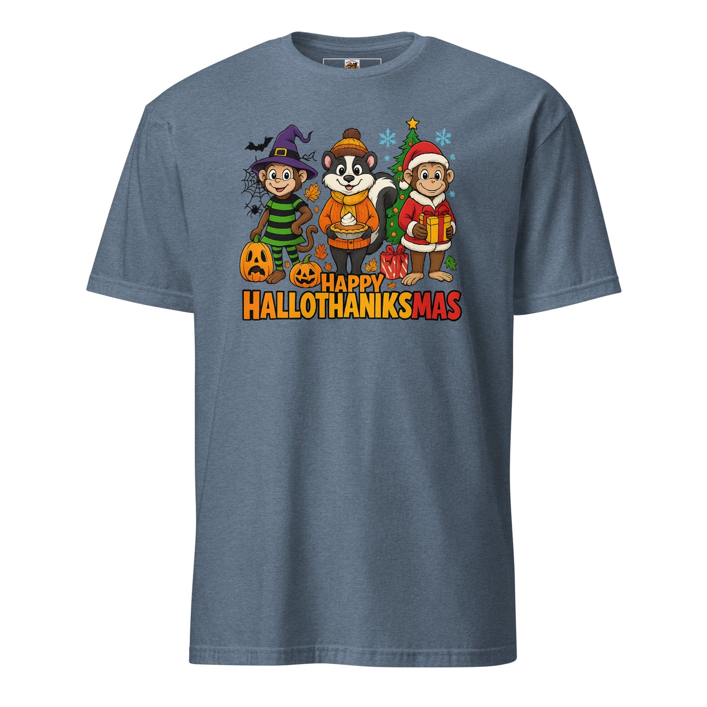 Blue t-shirt with cartoon characters and 'Happy Hallothanksmas' text on a white background