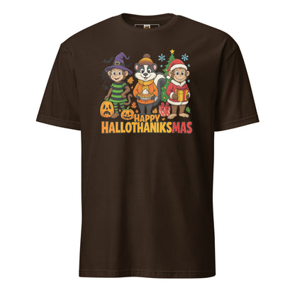 Brown t-shirt with 'Happy Hallothanksmas' design featuring cartoon characters on a white background.