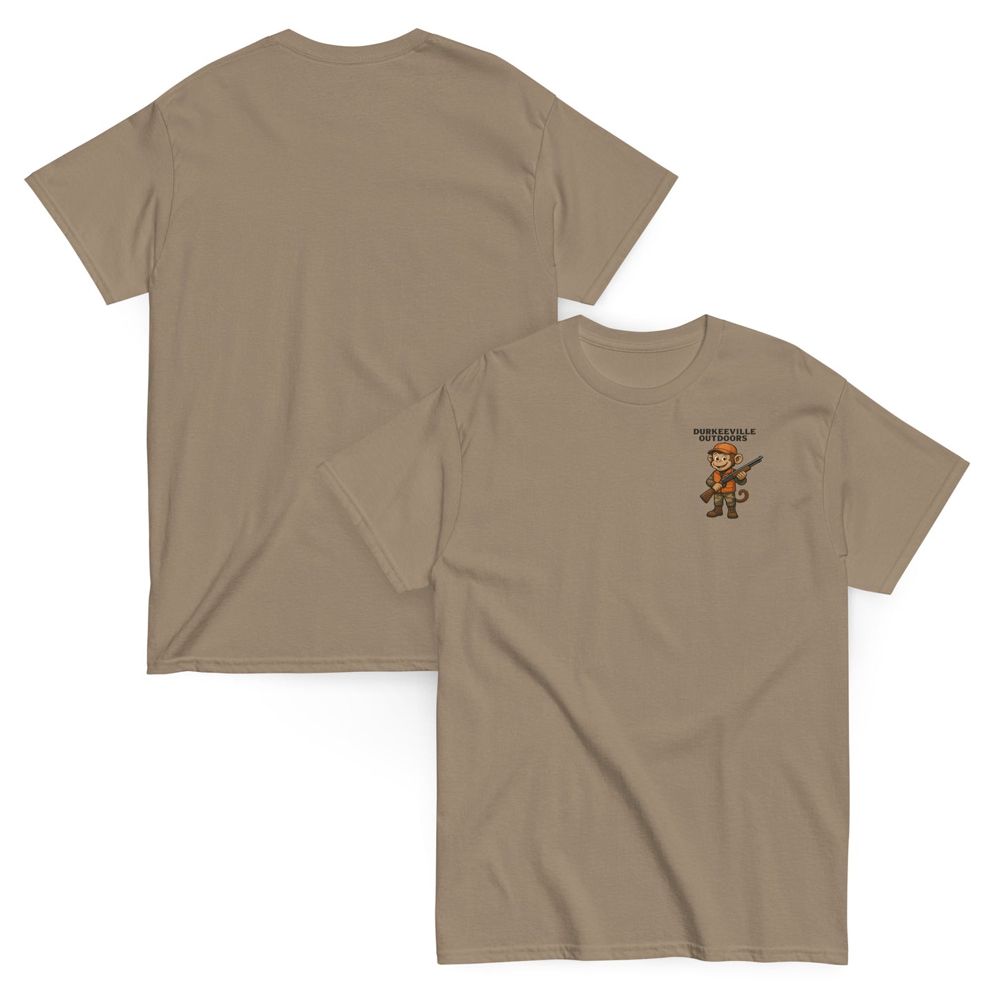 Brown t-shirt with a small graphic on the chest, shown from front and back views.