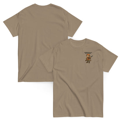 Brown t-shirt with a small graphic on the chest, shown from front and back views.