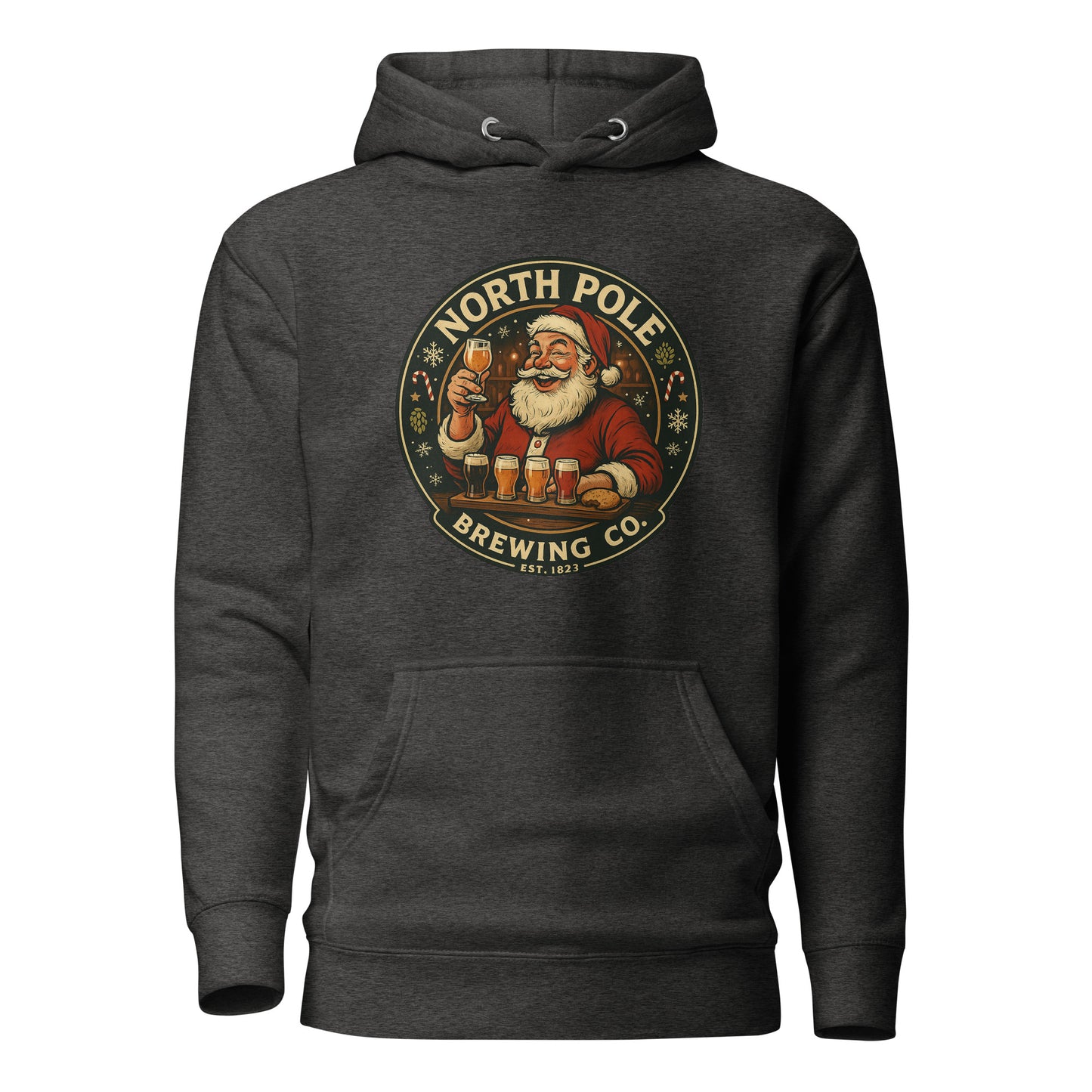Dark gray hoodie with Santa Claus graphic and 'North Pole Brewing Co' text on a white background