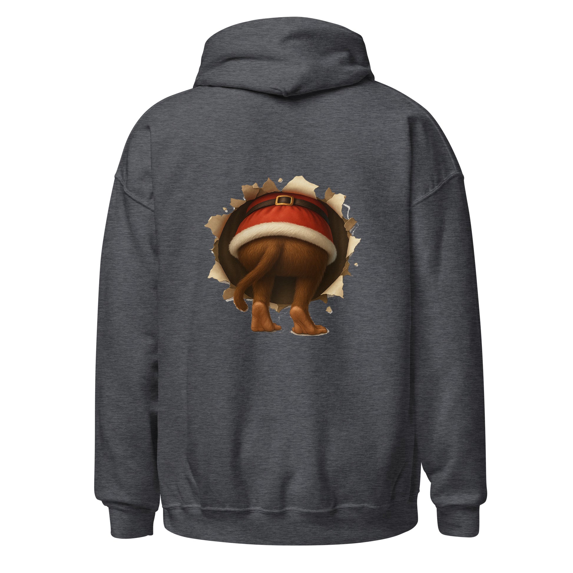 Dark gray hoodie with a cartoon monkey wearing a Santa hat on the back