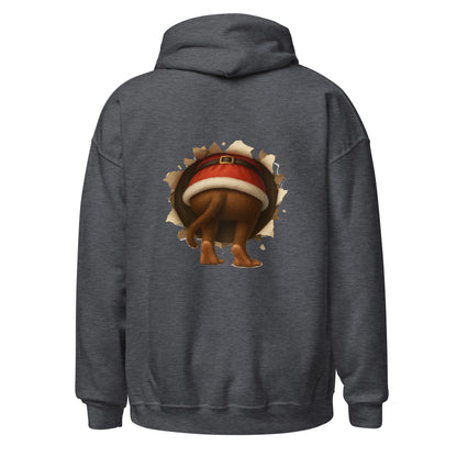 Dark gray hoodie with a cartoon monkey wearing a Santa hat on the back