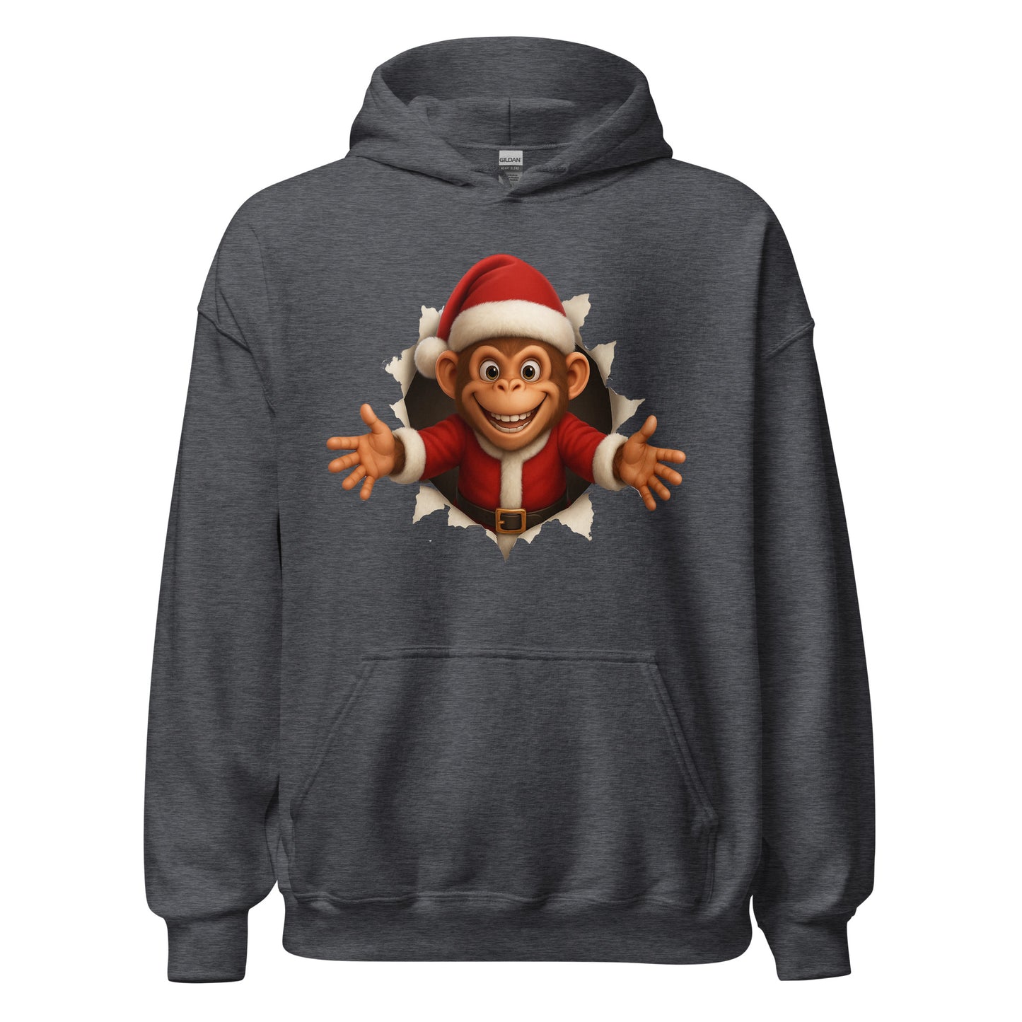 Dark gray hoodie with a cartoon monkey wearing a Santa hat on a white background