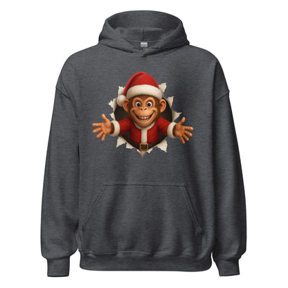 Dark gray hoodie with a cartoon monkey wearing a Santa hat on a white background