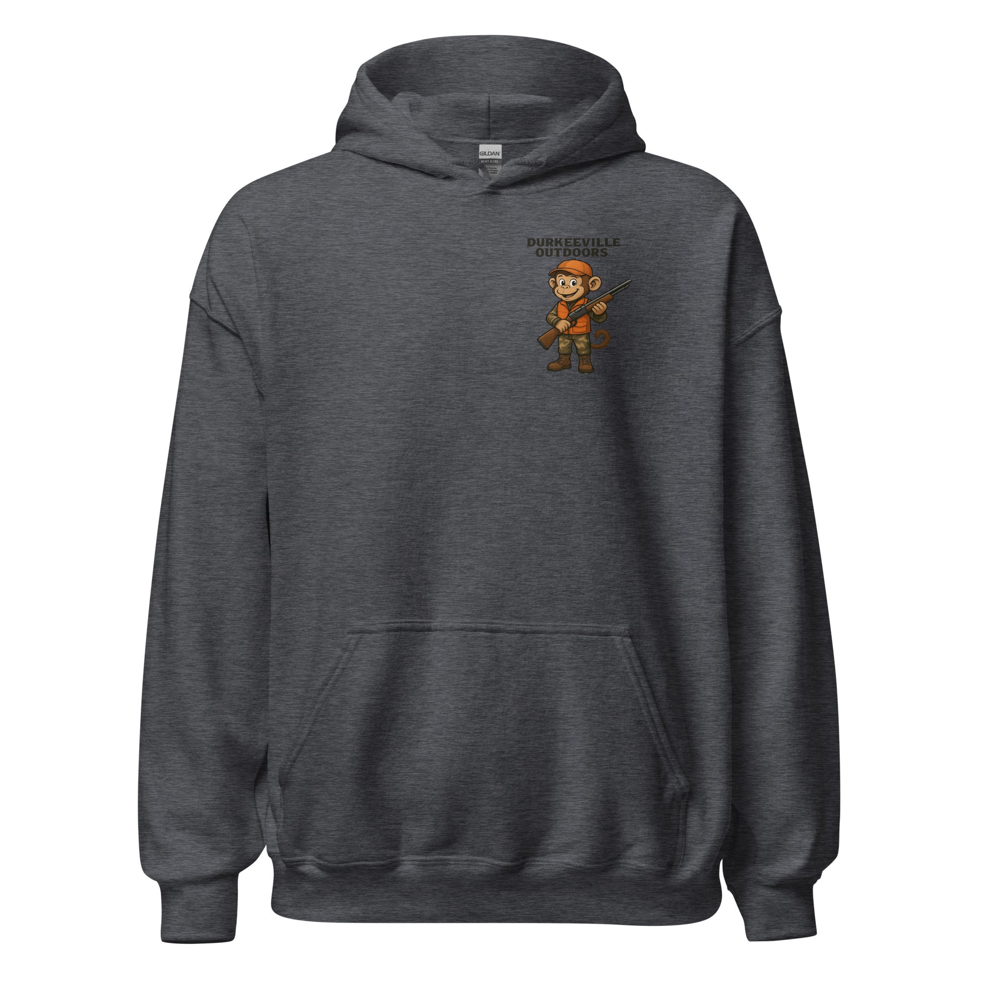 Dark gray hoodie with a small graphic on the chest against a white background