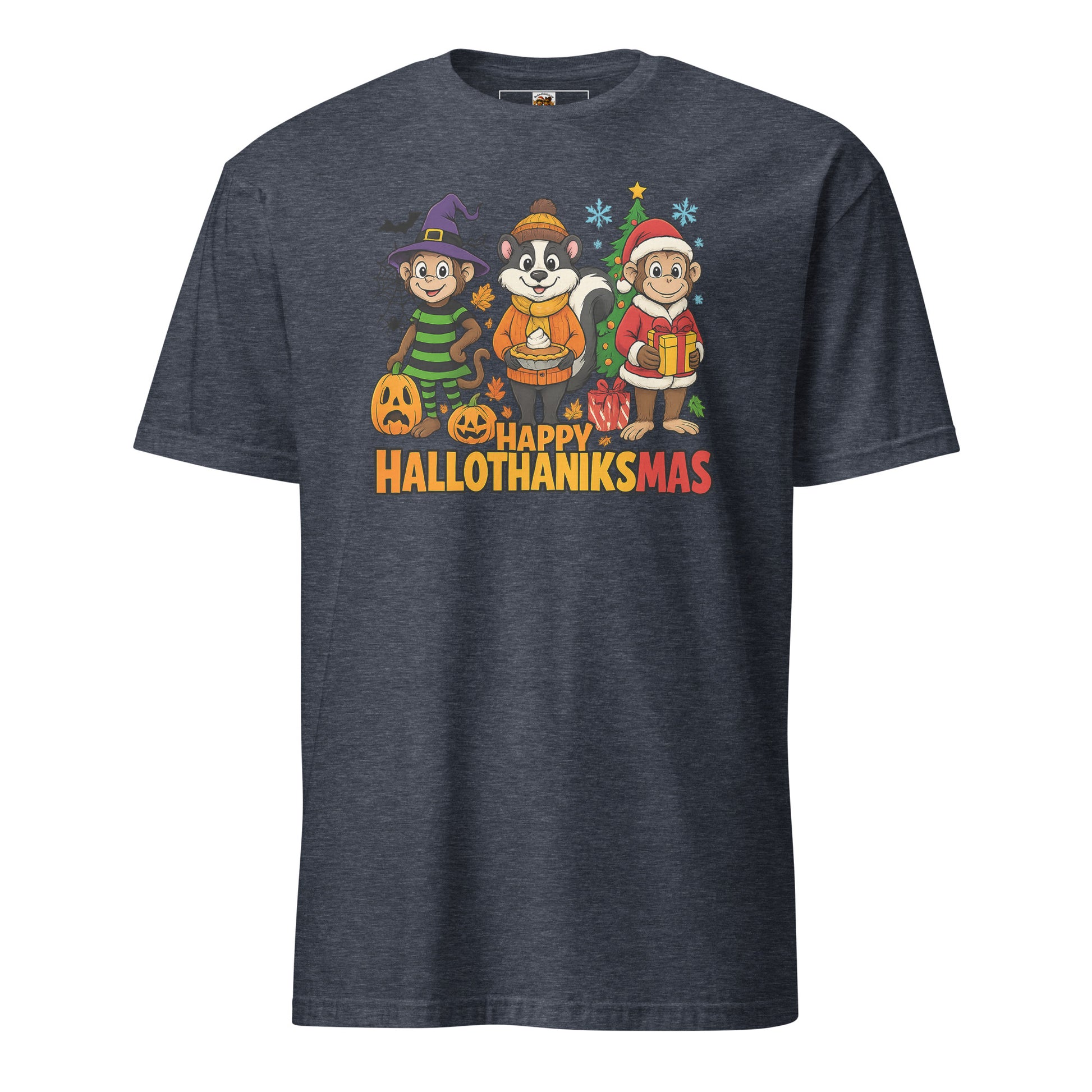 Dark gray t-shirt with 'Happy Hallothanksmas' graphic on a white background