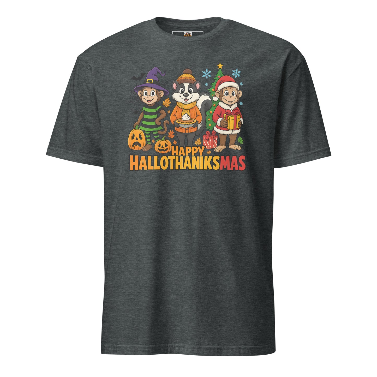 Dark gray t-shirt with cartoon characters and 'Happy Hallothanksmas' text on a white background