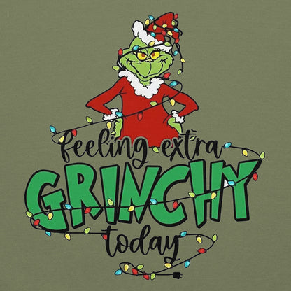 Grinch character with 'Feeling extra Grinchy today' text on a green background