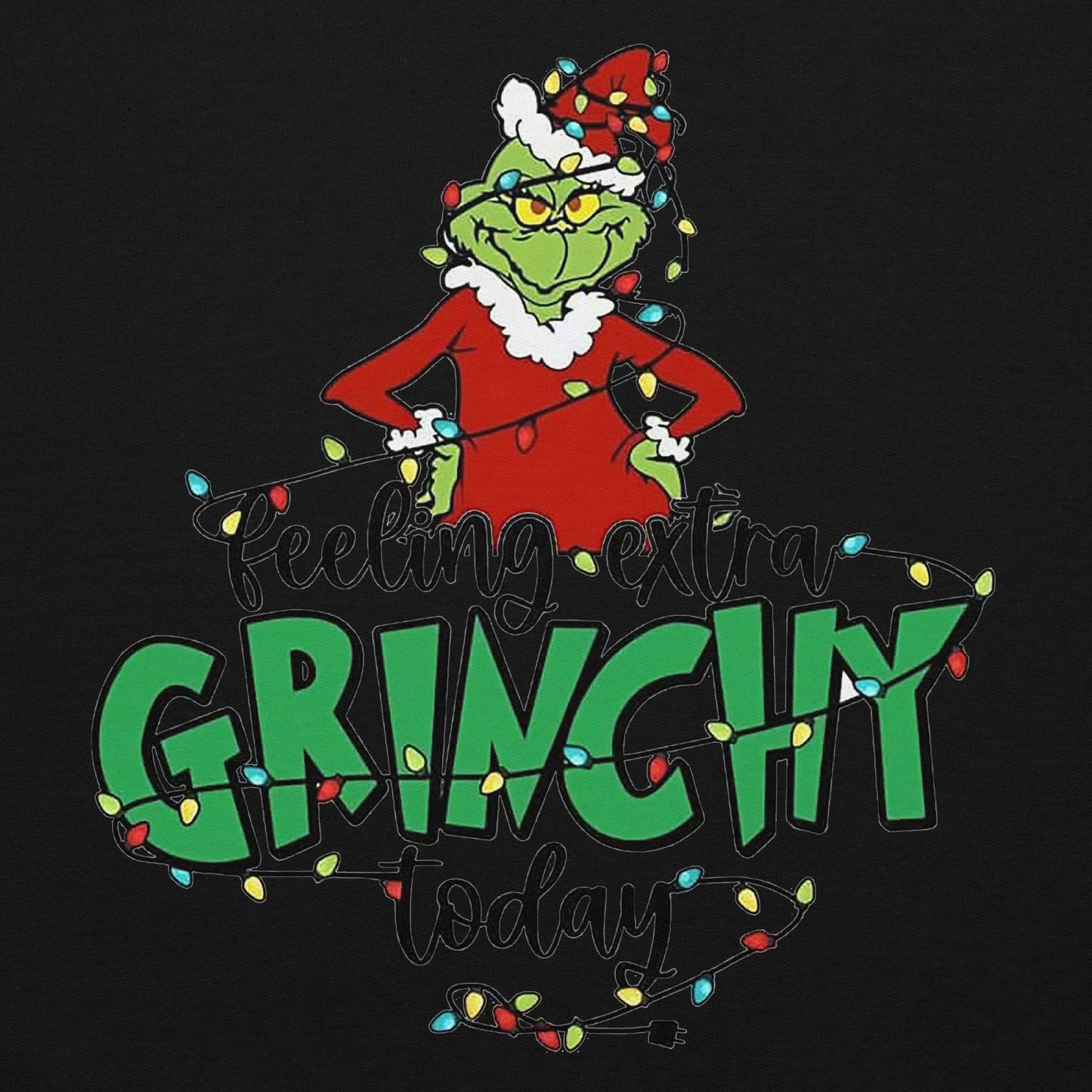 Grinch character with Christmas lights and text 'Feeling extra Grinchy today' on a black background