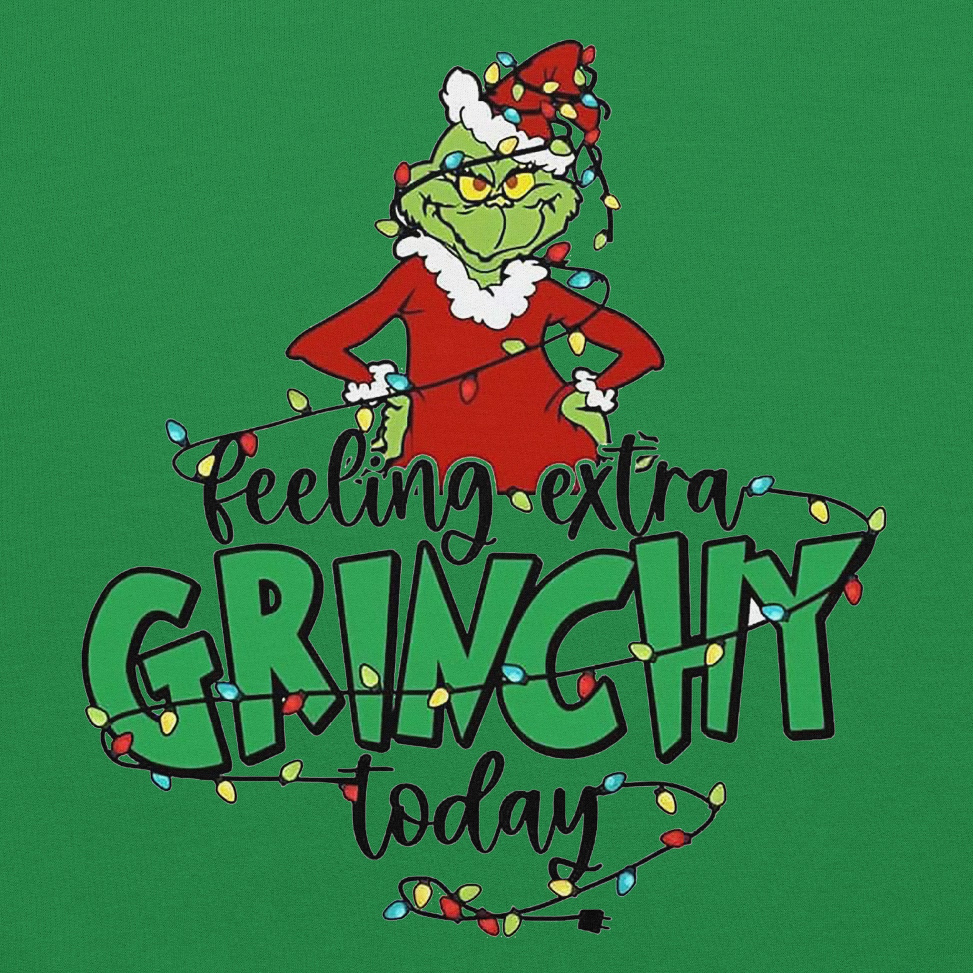 Character from a popular holiday movie with text 'Feeling extra Grinchy today' on a green background