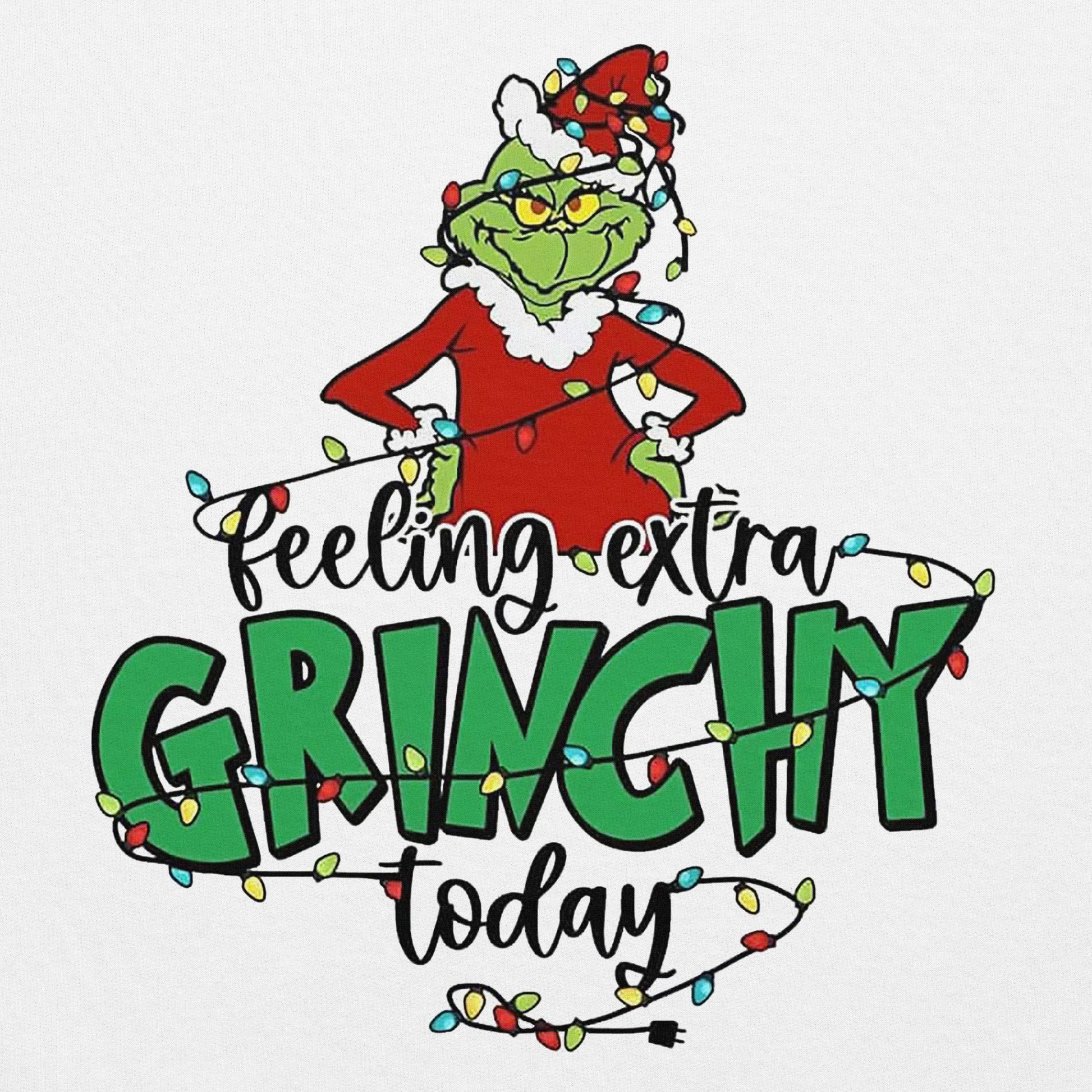 Cartoon character wearing a red suit with festive lights and text 'Feeling extra Grinchy today' on a white background.